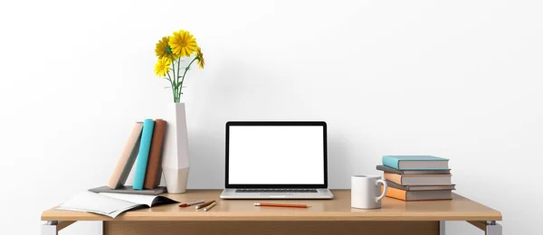 Концепция рабочего места домашнего офиса с макетом ноутбука — стоковое фото