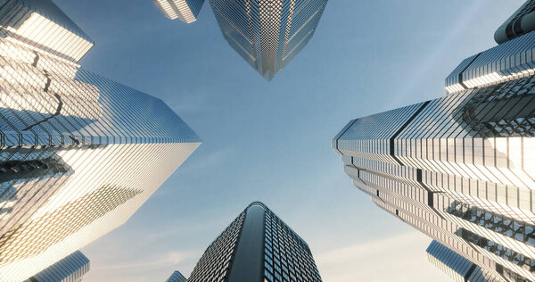Low angle shot from ground to sky of city skyscrapers. 3D render