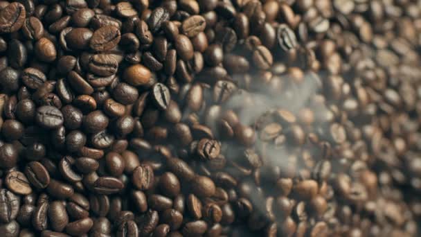 Roasted and smoking coffee beans. Vertical footage. — Stockvideo