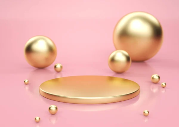 Gold pedestal among gold spheres — Stock Photo, Image