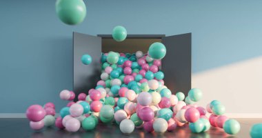 Colored balls pour out of the open doors into a large interior space