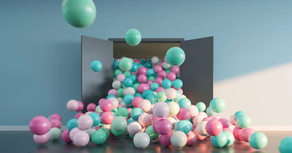 Colored balls pour out of the open doors into a large interior space — Stock Photo, Image