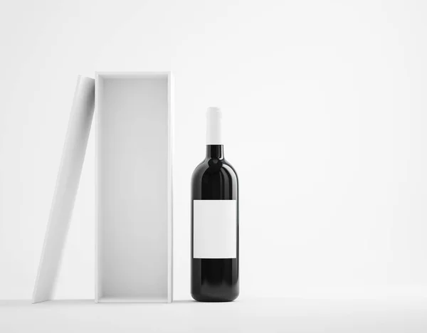 Vinflaska nära öppen presentförpackning — Stockfoto