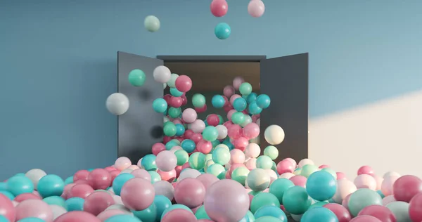 Colored balls pour out of the open doors into a large interior space — Stock Photo, Image