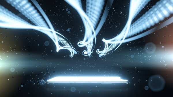 Futuristic hologram of a DNA chain spiral floating over a smartphone screen.