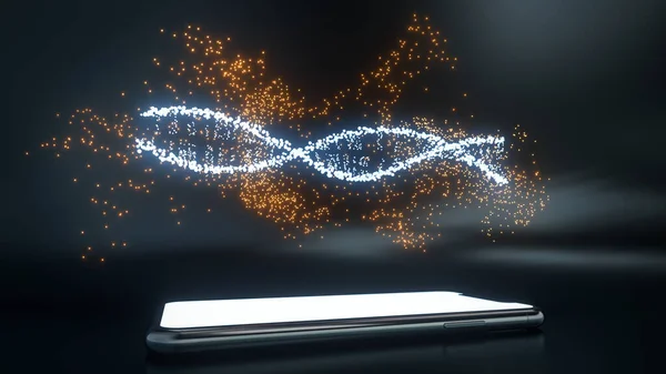 Holograma futurista de genes incertos atacando espiral de cadeia de DNA que flutuam sobre uma tela de smartphone — Fotografia de Stock
