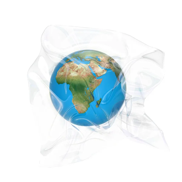 Globo di terra confezionato in un sacchetto di plastica trasparente. Isolato su bianco . — Foto Stock