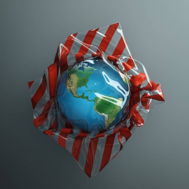 Dünya küresi şeffaf bir plastik torbaya doldurulmuş. Soyut ekolojik sorunlar