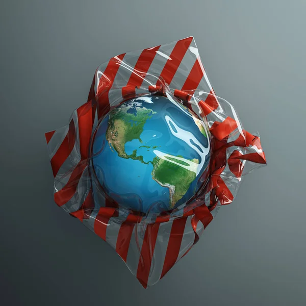 Globo di terra confezionato in un sacchetto di plastica trasparente. Problemi ecologici astratti — Foto Stock