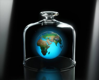 Küresel ekolojik sorunların soyut çizimi - Dünya küresi cam levhanın altında havada yüzüyor