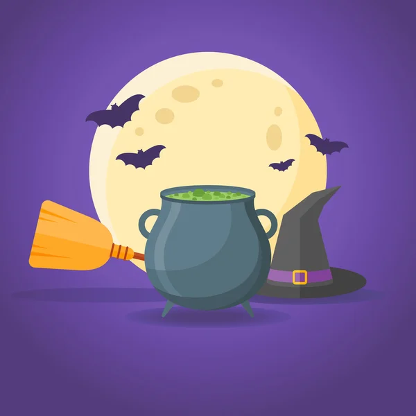 大锅、 巫婆帽子、 扫帚、 满月与蝙蝠万圣节设计 — 图库矢量图片