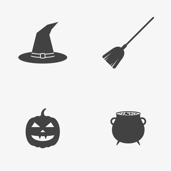 Set monochromer Ikonen zu Halloween. Hexenhut, Besenstiel, Hexenkessel und Kürbis. — Stockvektor