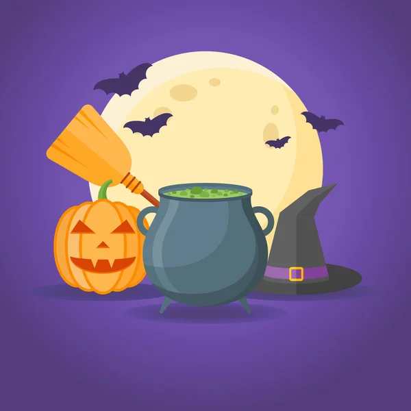 Дизайн Хэллоуина с каулдроном, шляпой ведьм, метлой, фаллосом, полнолунием и летучими мышами — стоковый вектор