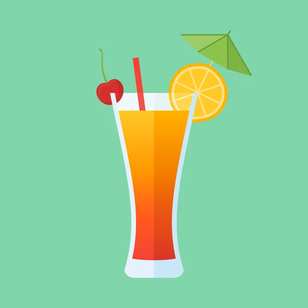 Copa de tequila cóctel de salida del sol con rebanada de naranja y cereza icono plano — Archivo Imágenes Vectoriales