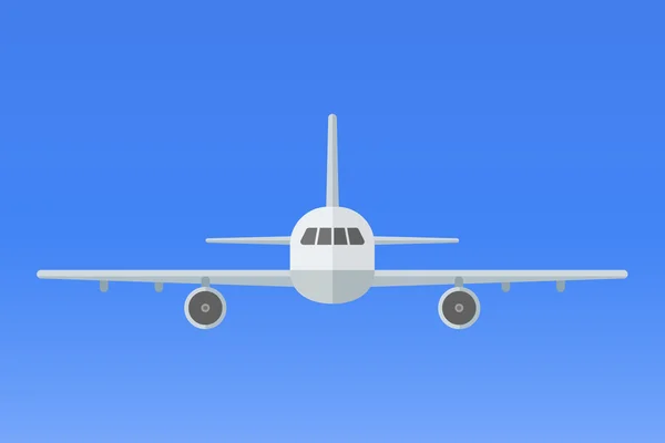 Letadlo na modrém pozadí. Letadlo letí po obloze. Pohled zepředu. — Stockový vektor