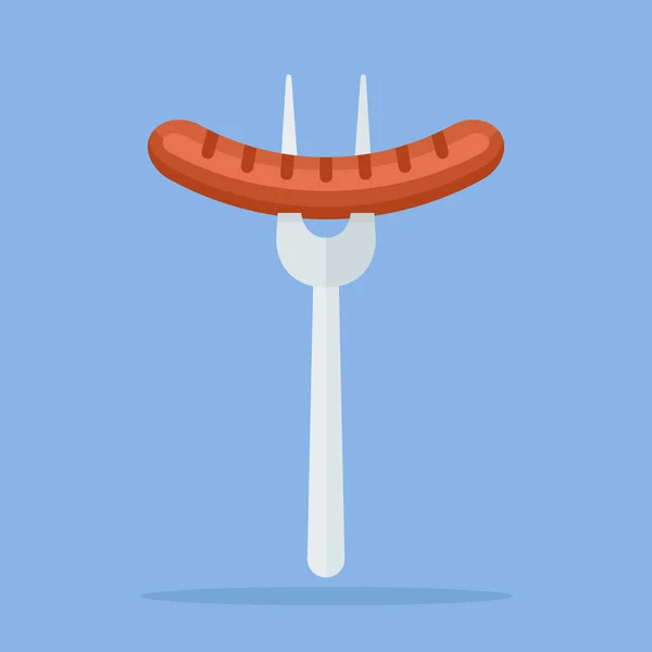 Sausage on fork isolated on blue background. Flat style icon. — Stock Vector