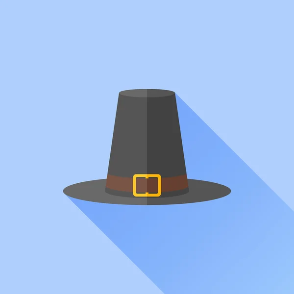 Pilgrim hatt flat ikonen med långa skugga på blå bakgrund. Thanksgiving symbol. — Stock vektor