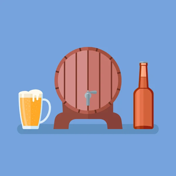 Taza de cerveza, botella de vidrio y barril de madera sobre fondo azul. Estilo plano . — Archivo Imágenes Vectoriales