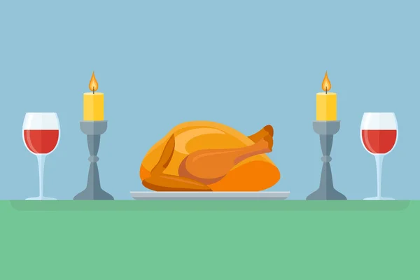 Dîner de Thanksgiving avec dinde et vin. Fête. Style plat . — Image vectorielle