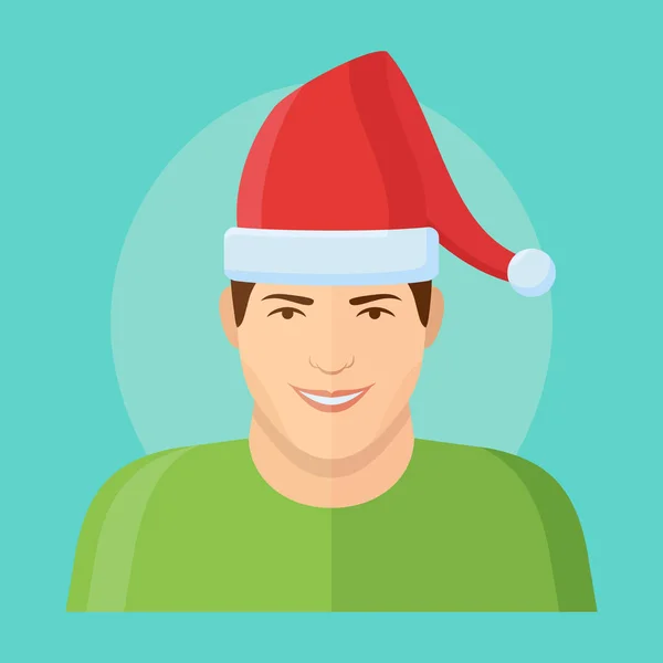 Lächelnder Mann mit Weihnachtsmann-Hut flache Stil-Ikone. männlicher Charakter. — Stockvektor