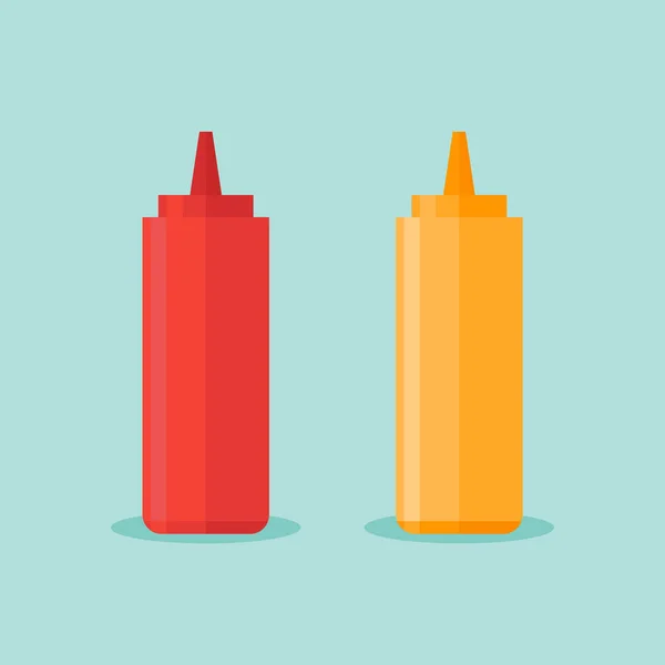 Flessen van ketchup en mosterd geïsoleerd op blauwe achtergrond. Vectorillustratie. — Stockvector