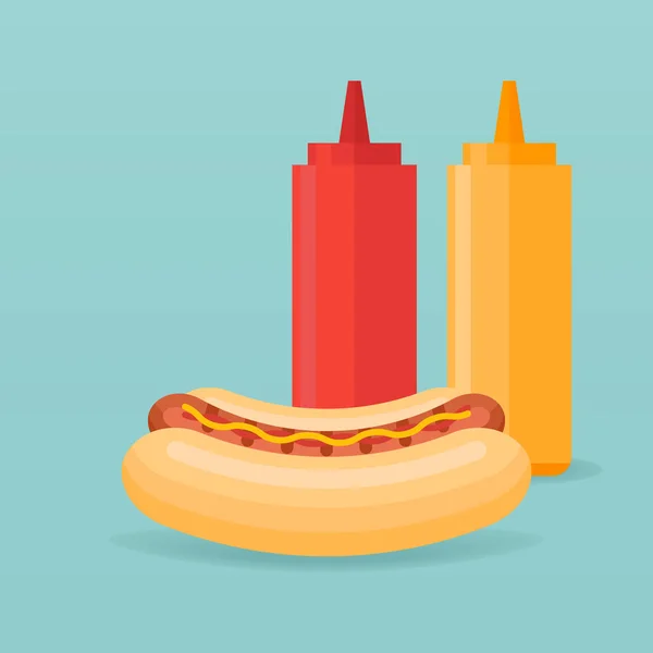 Perro caliente y botellas de ketchup y mostaza . — Vector de stock