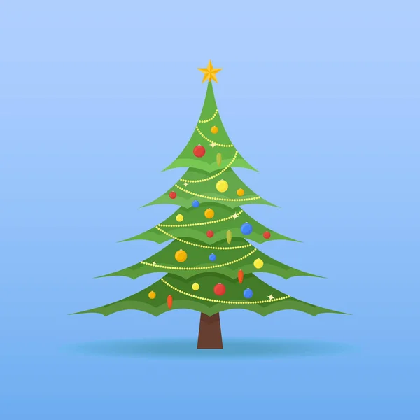 Árbol de Navidad decorado con adornos coloridos y estrella en la parte superior . — Archivo Imágenes Vectoriales