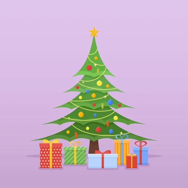 Árbol de Navidad decorado con adornos coloridos, estrellas y regalos . — Vector de stock