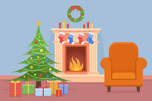 Interior de la habitación de Navidad con chimenea, árbol, regalos y sillón — Archivo Imágenes Vectoriales