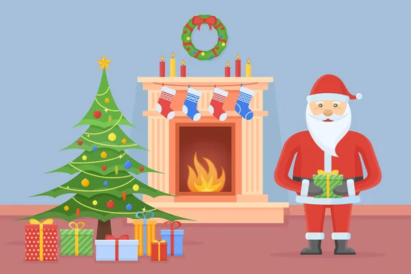 Santa Claus v vánoční interiér pokoje s krbem a strom — Stockový vektor