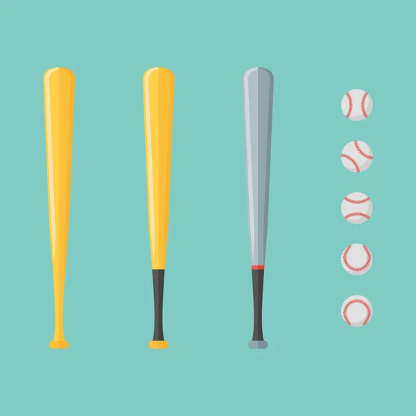 Conjunto de beisebol e morcegos em estilo plano — Vetor de Stock