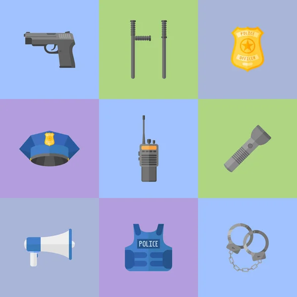Conjunto de equipamentos policiais, armas ícones de estilo plano. Ilustração vetorial . —  Vetores de Stock