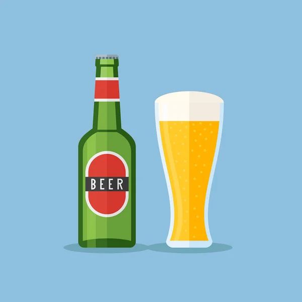 Botella y vaso con cerveza. Ilustración de vector de estilo plano . — Vector de stock