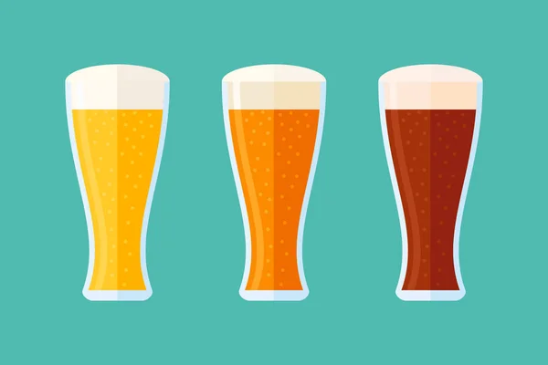 Set de vasos con cerveza. Banner horizontal de estilo plano. Ilustración vectorial . — Vector de stock