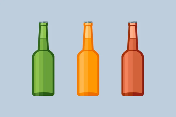 Conjunto de botellas de cerveza de vidrio. Ilustración de vector de estilo plano . — Vector de stock