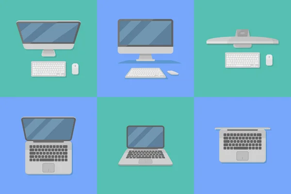 Conjunto de computadoras personales de escritorio y portátiles iconos de estilo plano . — Vector de stock