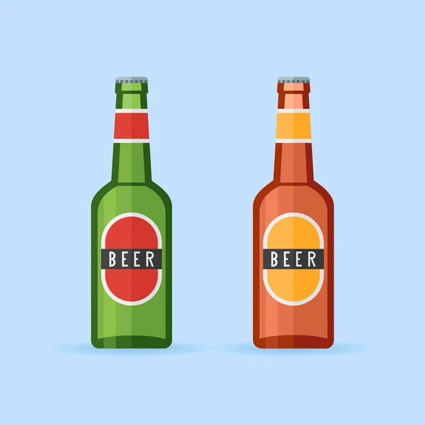 Botellas de cerveza verdes y marrones con etiquetas de estilo plano icono. Ilustración vectorial . — Vector de stock