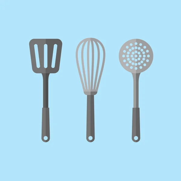 Kitchen utensils. Spatula, skimmer and whisk flat style icons. Vector illustration. — Stock Vector