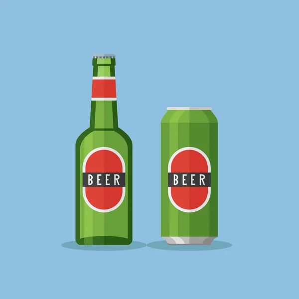 Botella verde y lata con cerveza. Ilustración de vector de estilo plano . — Vector de stock