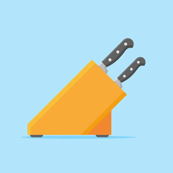 Set de cuchillos de cocina con soporte de madera. Ilustración de vector de estilo plano . — Vector de stock