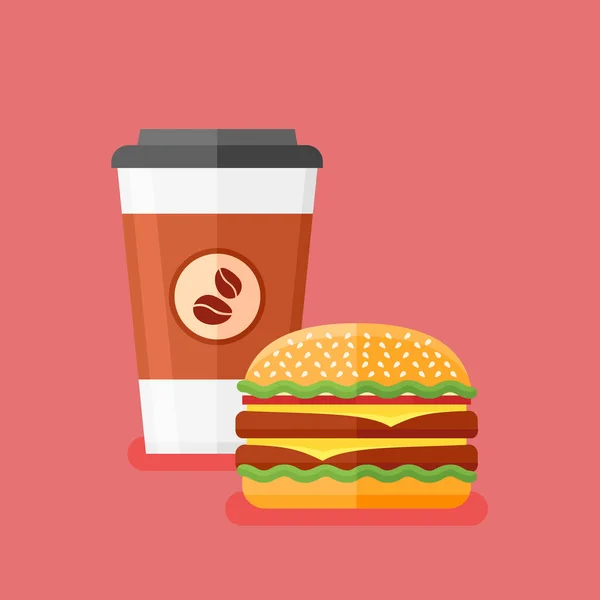 Kaffe takeaway och dubbel burgare. Fast food. Vektorillustration. — Stock vektor