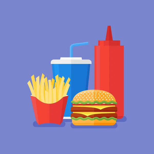 快餐食品。汉堡、 薯条、 汽水外卖和番茄酱. — 图库矢量图片