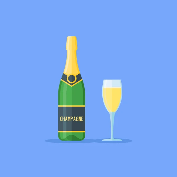 Бутылка и бокал шампанского. Векторная иллюстрация плоского стиля . — стоковый вектор