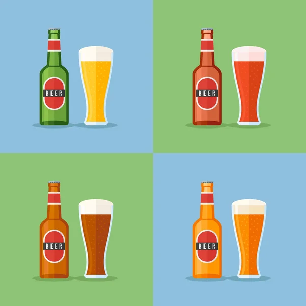 Set de botella y vidrio con iconos planos de cerveza . — Vector de stock