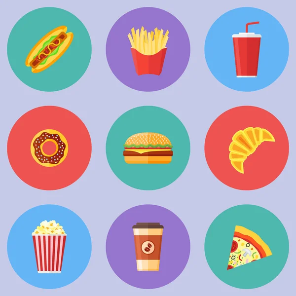 Conjunto de iconos redondos planos de comida rápida. Ilustración vectorial . — Archivo Imágenes Vectoriales