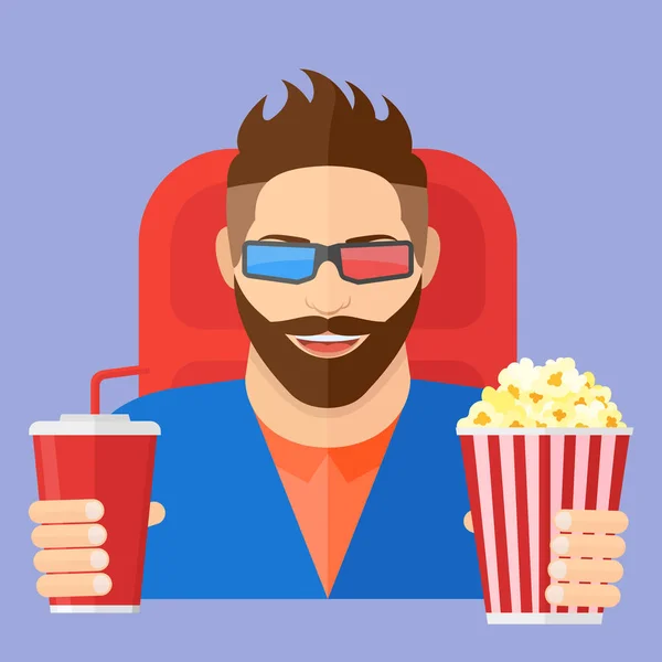 Un jeune homme souriant avec du pop-corn et du soda au cinéma. Illustration vectorielle de style plat . — Image vectorielle