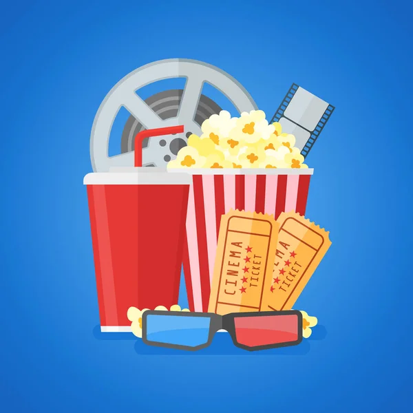 Plantilla de diseño de póster de película de cine con carrete y tira de película, entrada, palomitas de maíz, soda para llevar, gafas 3d — Vector de stock