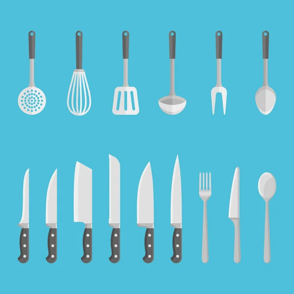 Set of kitchen utensils, tools isolated on blue background. Flat style vector illustration. — Stock Vector