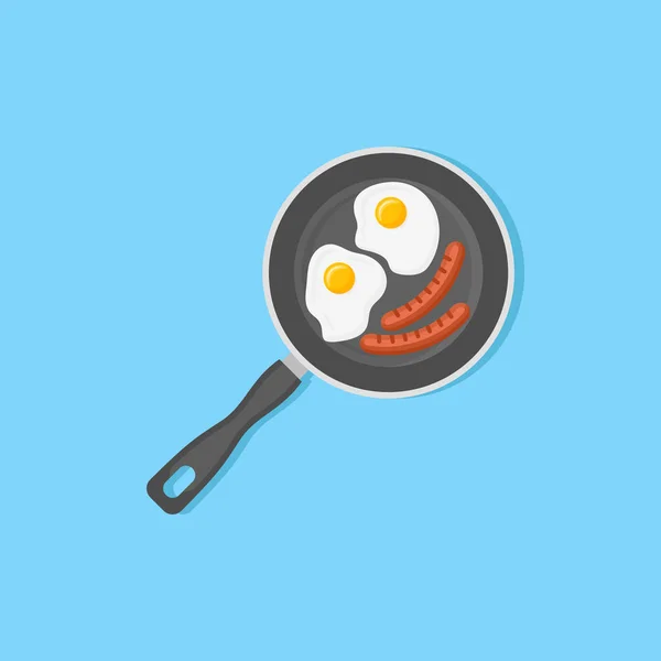 Huevos fritos y salchichas en sartén. Ilustración de vector de estilo plano . — Vector de stock