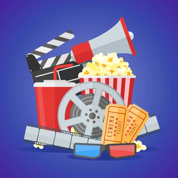 Cinema plantilla de diseño de póster de película. Carrete de película de película, tira, boleto, palomitas de maíz, tablero de aplausos, soda, gafas 3d, megáfono . — Vector de stock